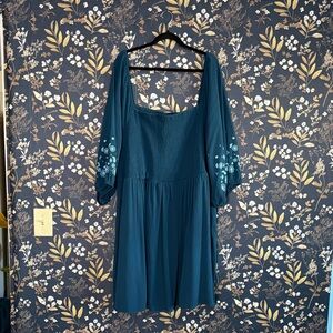 Torrid Adorable Teal Blue Crinkle Gauze Embroidered Mini Dress Plus Size 6X